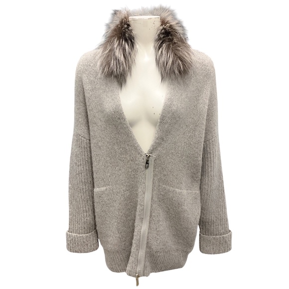 PESERICO GREY FUR TRIMMED KNIT CARDIGAN SWEATER - Picture 1 of 6